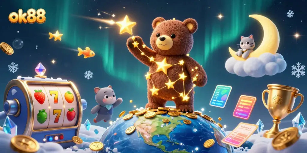 Experience the magic of ok88 with vibrant slot reels, stars, and dynamic casino elements.