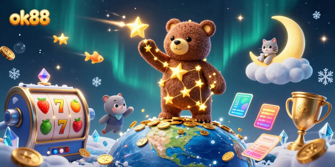 Experience the magic of ok88 with vibrant slot reels, stars, and dynamic casino elements.