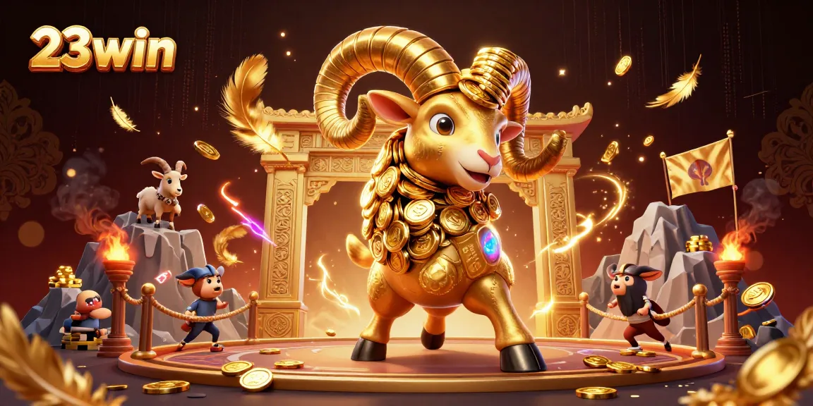 Experience the thrill of 23win as a golden ram charges through a dynamic casino scene.