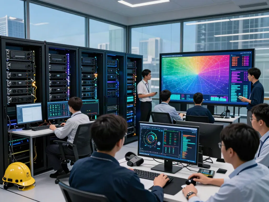 Engaged engineers overseeing GPU computing workloads in a high-tech data center.