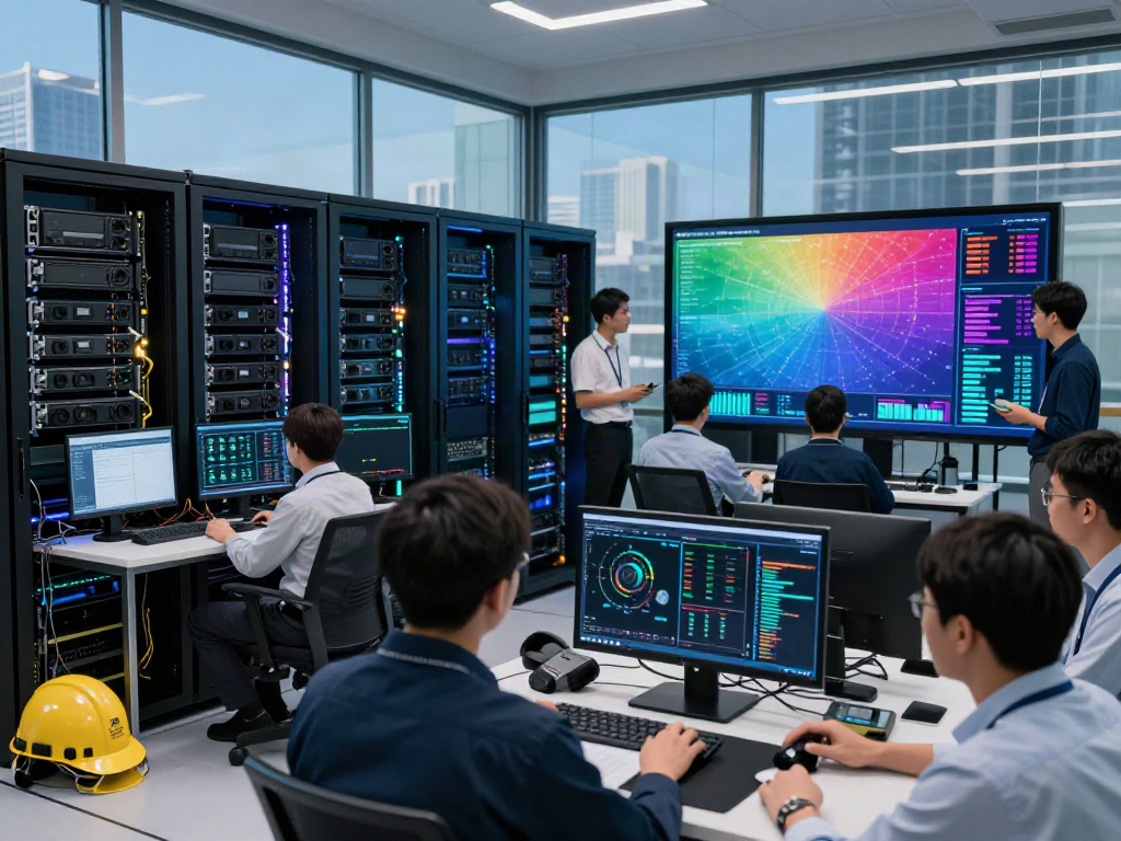 Engaged engineers overseeing GPU computing workloads in a high-tech data center.