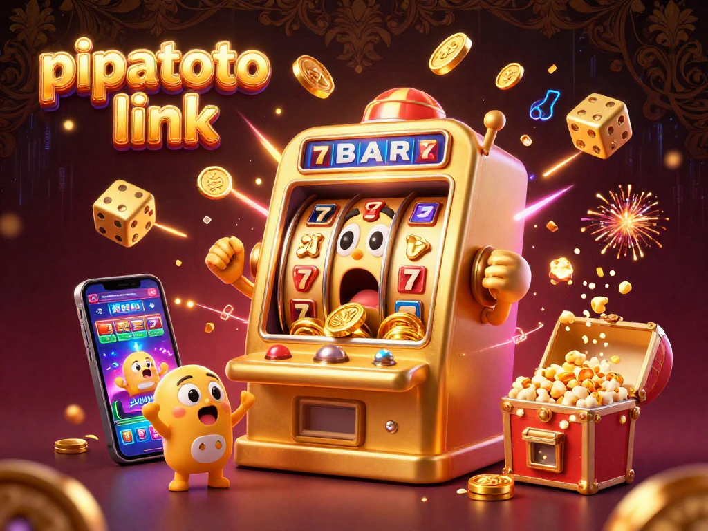 Engage with the pipatoto link while the golden slot machine hits a jackpot amidst vibrant casino elements.