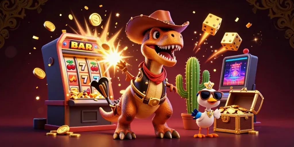Win big with mpo1221 as a T-Rex cowboy and friends enjoy a vibrant casino scene.