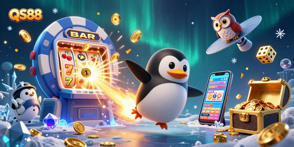 Experience exhilarating slots and gaming excitement at QS88 with a golden penguin and vibrant casino ambiance.