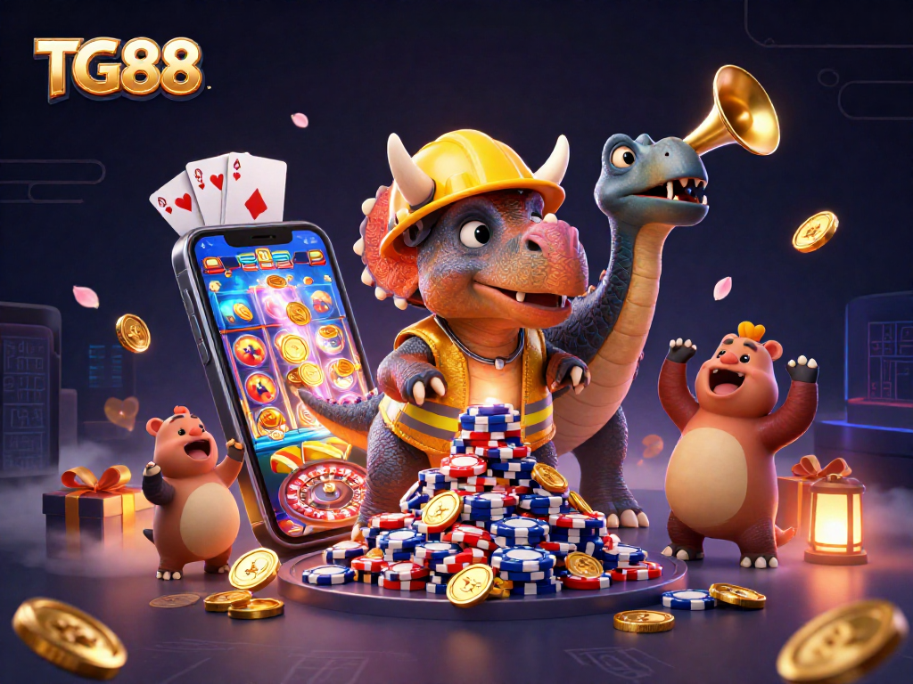 Experience the vibrant excitement of TG88’s online gaming with a triceratops building a poker chip pyramid and celebrating wins!