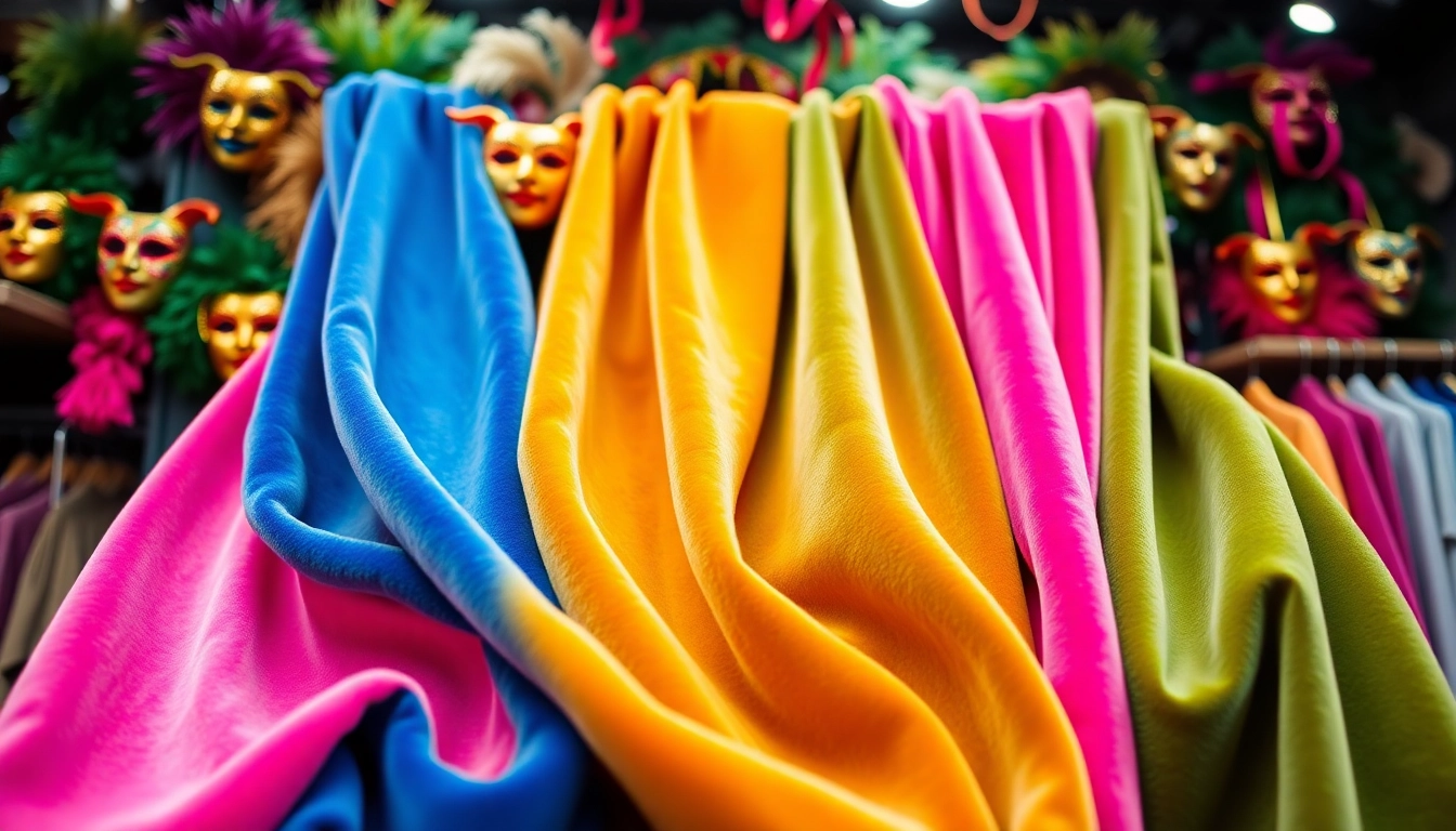 Verken velours voor carnaavalskleding met kleurrijke stoffen en feestelijke decoraties.