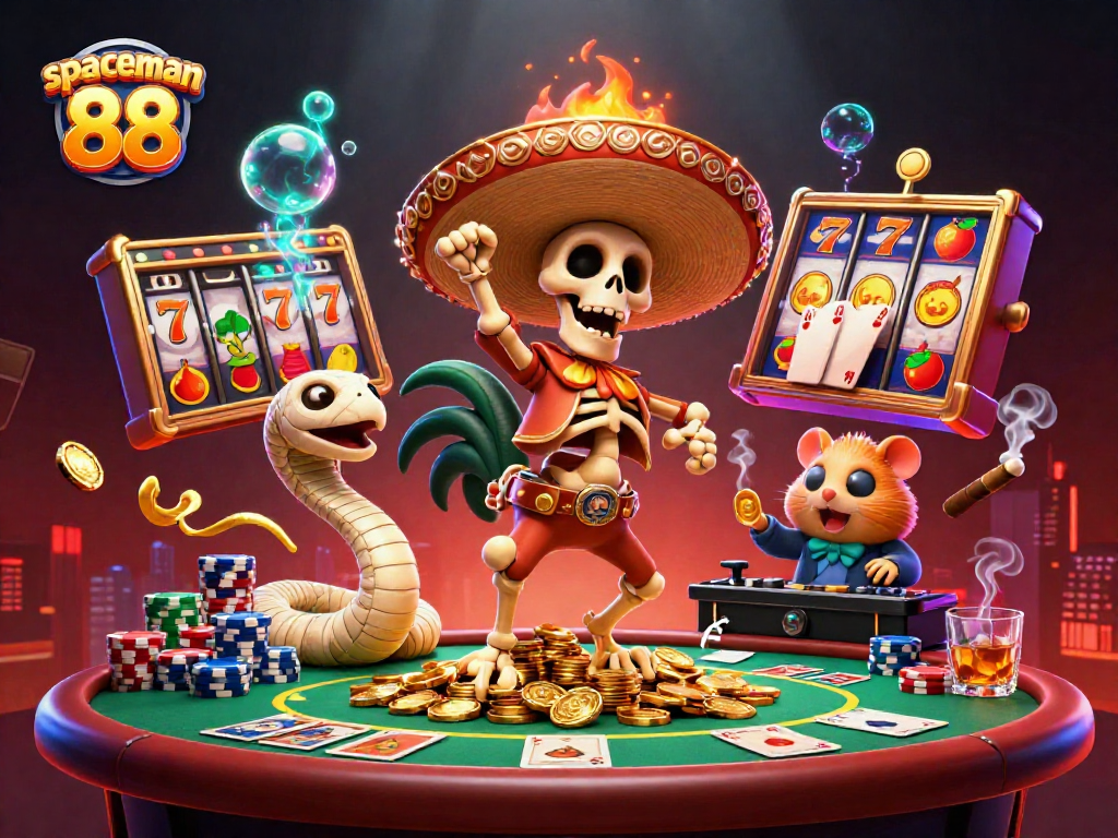 Engage with spaceman 88 in a vibrant casino scene featuring a skeleton, mummy, and DJ hamster.