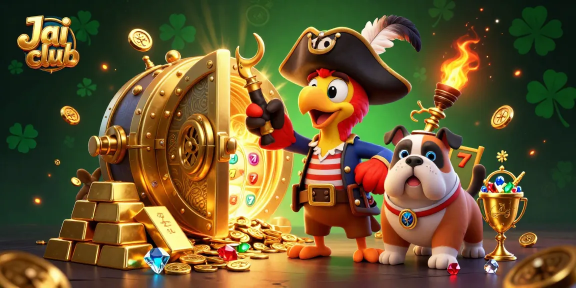 Engage in thrilling gameplay at Jai club with cartoon pirate characters amidst treasures and casino elements.