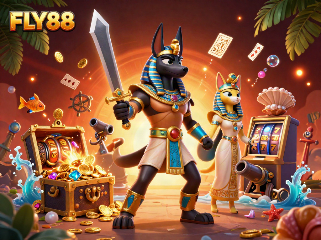 Engage in thrilling gameplay with FLY88, showcasing an ancient Egyptian warrior and mystical elements.