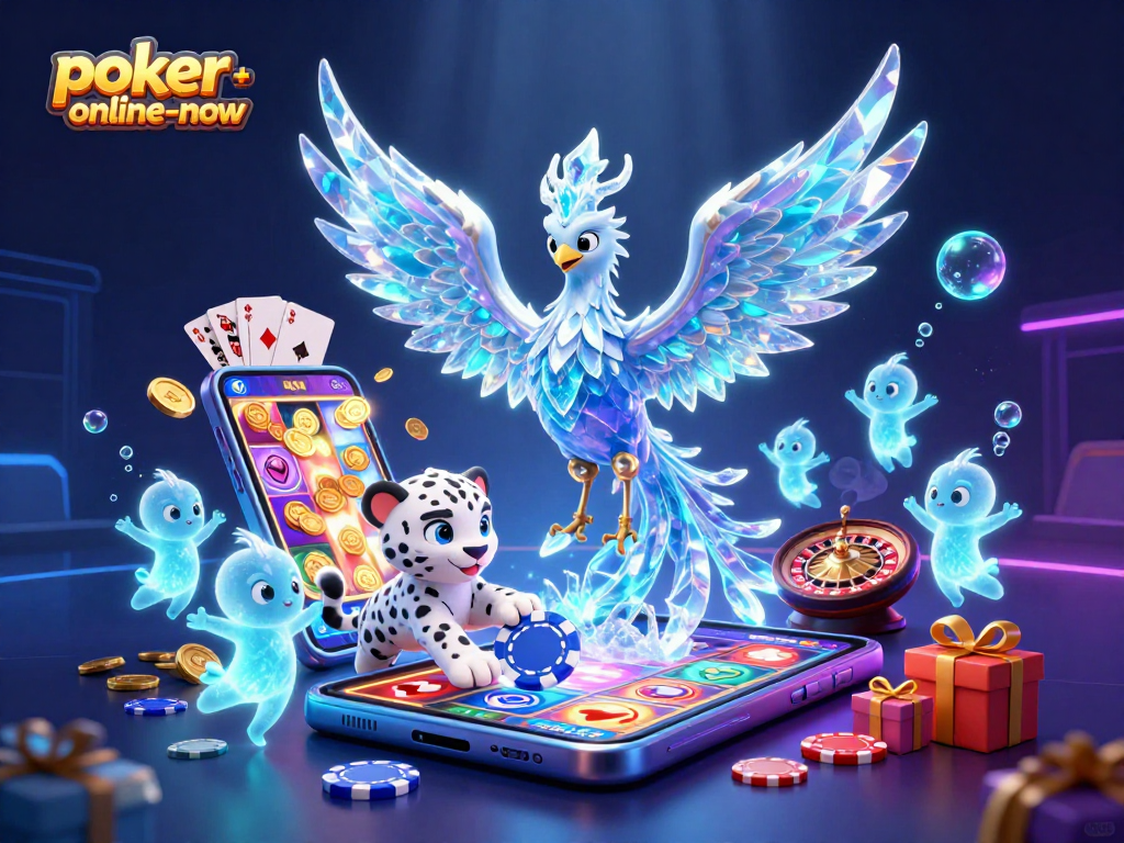 Experience thrilling action at poker-online-now with a vibrant 3D poker scene featuring poker chips and cards.
