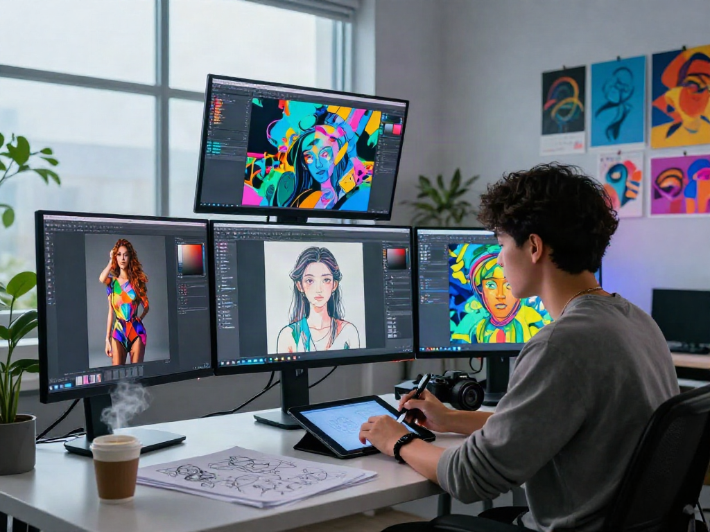 AI porn digital art creation scene in a modern studio with an artist at work.