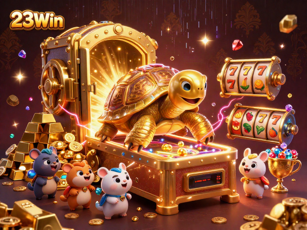 Engage with 23Win's vibrant casino experience featuring a colossal tortoise pinball machine.