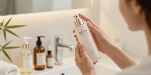 Glow House klant die Byoma Hydrating Milky Toner aanbrengt in serene badkameromgeving.