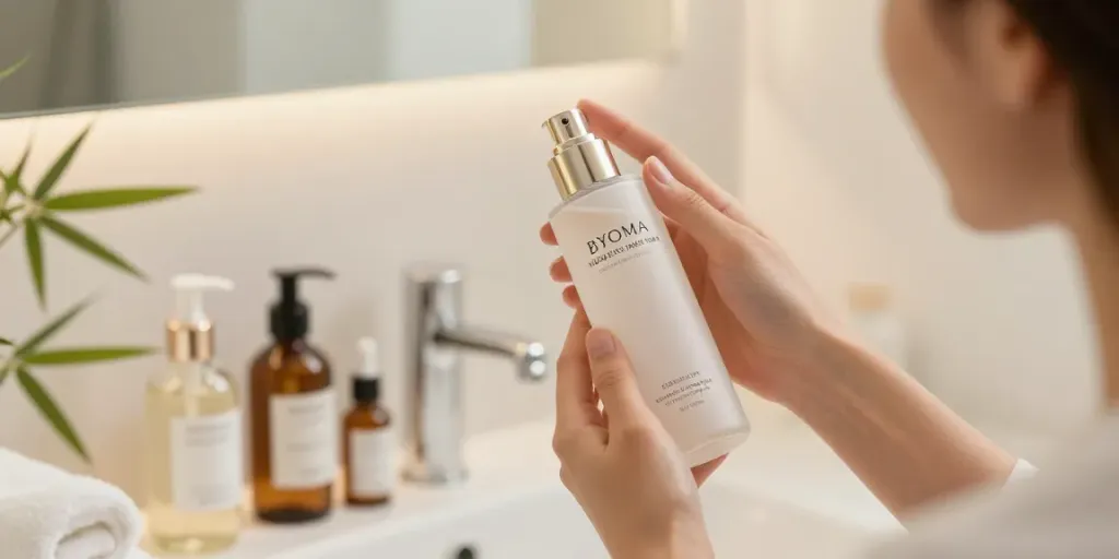 Glow House klant die Byoma Hydrating Milky Toner aanbrengt in serene badkameromgeving.