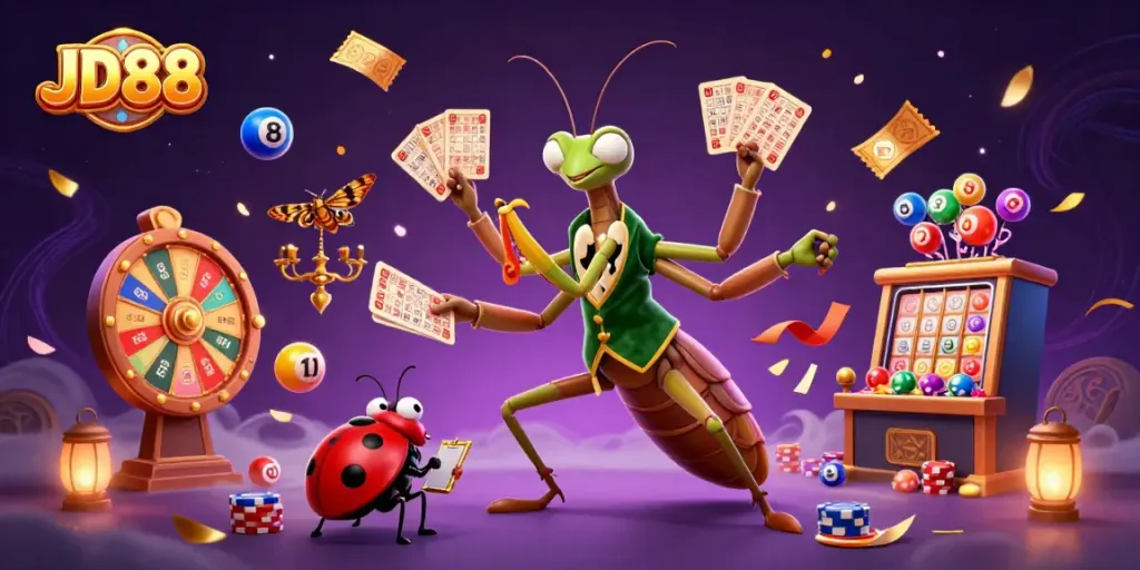 Experience thrilling games at JD88 with vibrant characters and exciting gambling elements in a rich, dynamic scene.