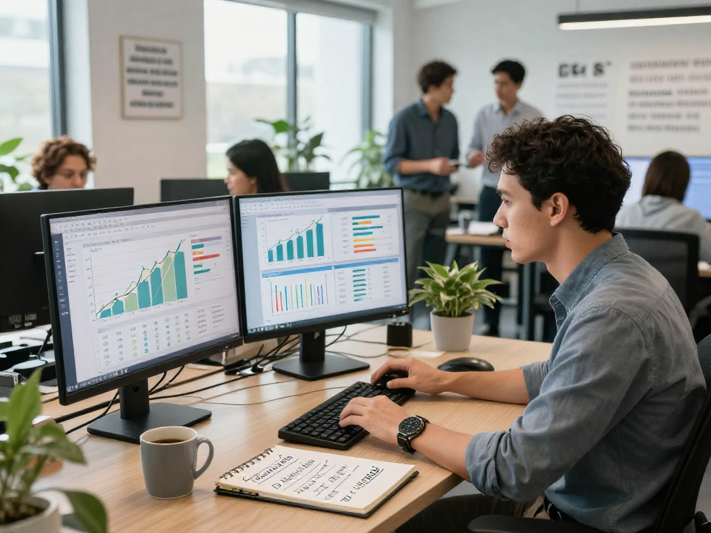 SEO specialist analyzing data for pbn links italy growth strategy in a modern office.