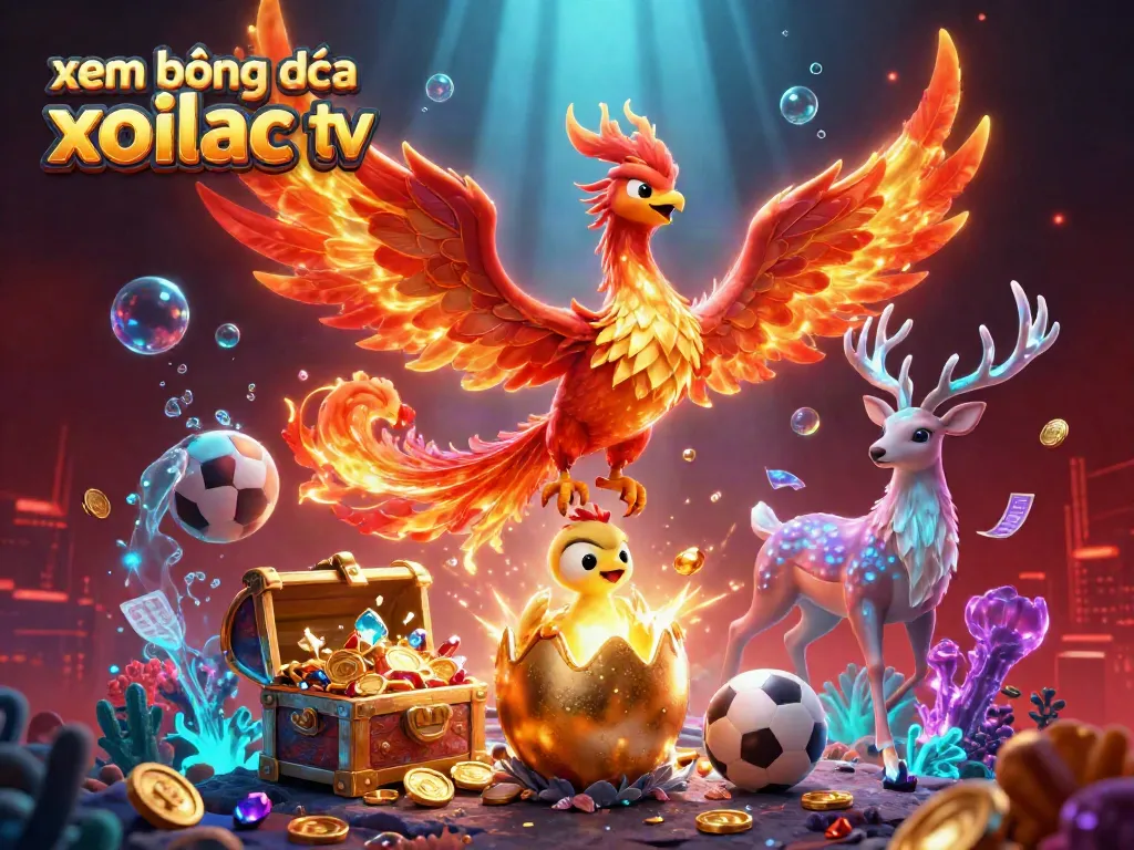 Xem bóng đá xoilac tv shows a vibrant 3D scene with a fire phoenix, baby phoenix, stag, and sports betting elements.