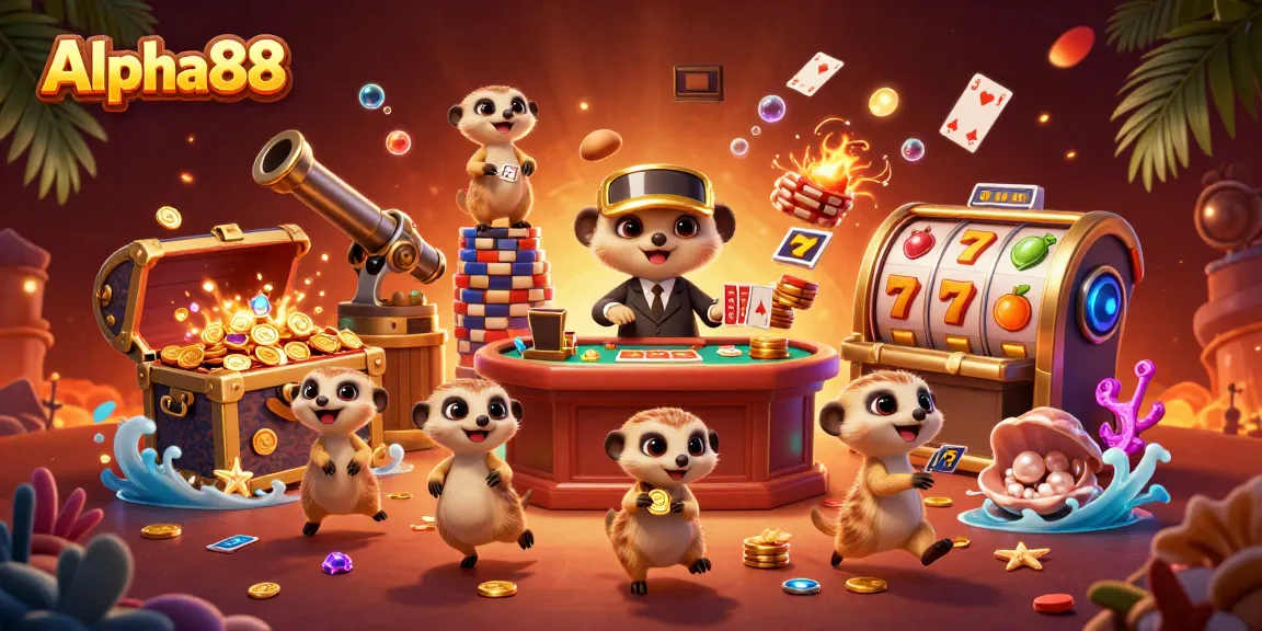 Engage in thrilling gameplay at Alpha88 with meerkats managing the casino, highlighting vibrant slots and action.