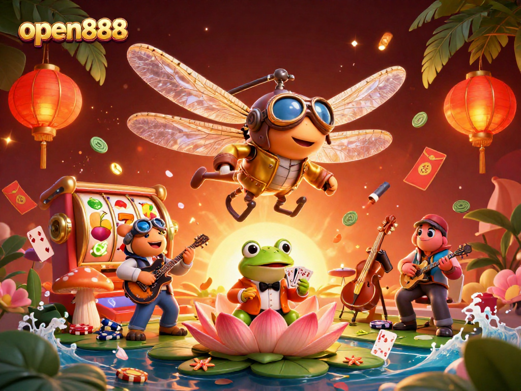 Join the excitement at open888, where the dragonfly pilot and frog croupier host lively casino games.