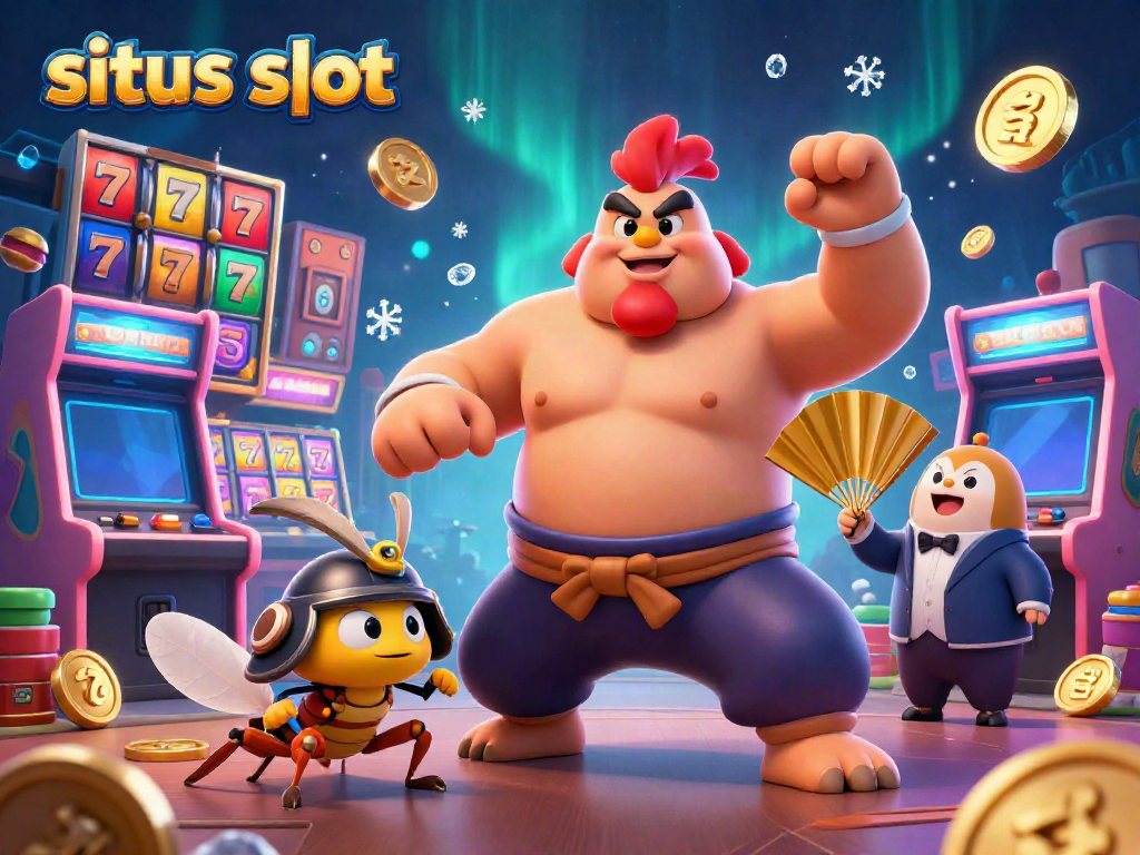 Menggambarkan permainan situs slot dengan karakter ayam jantan sumo dan kriket samurai bersaing.
