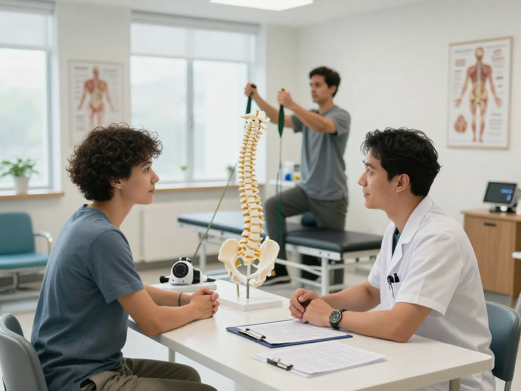 Patient consultation about Bel kayması ameliyatı with an orthopedic expert in a modern clinic setting.