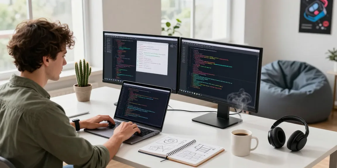 Innovative tech workspace for bdtjl software development, showcasing a focused developer coding with dual monitors and creative elements.
