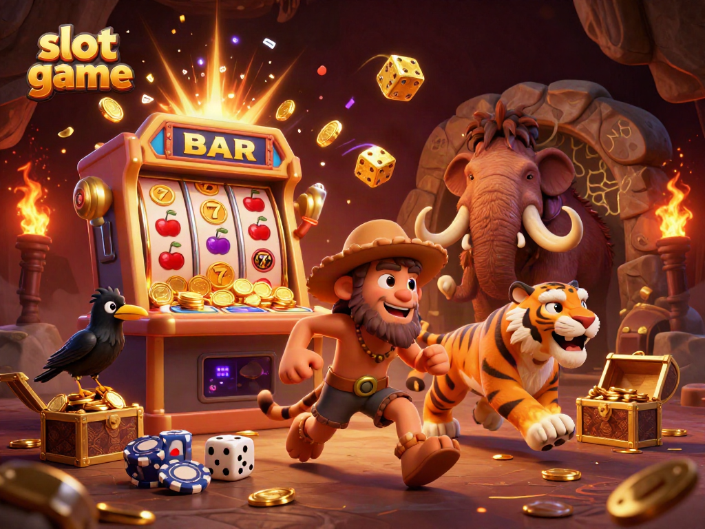 Experience thrilling slot game excitement with prehistoric characters, deluxe jackpots, and vibrant casino elements.