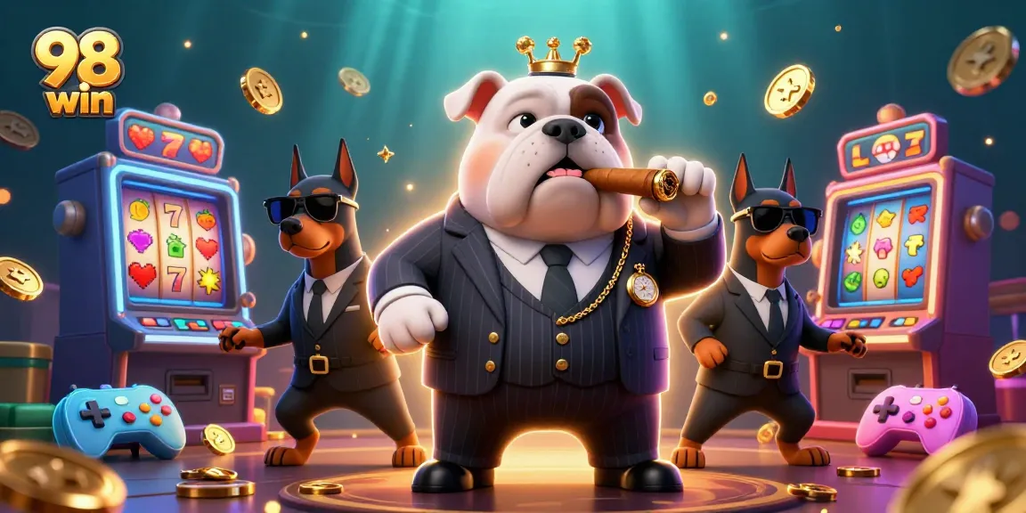 Spin the reels with the lively 98 win casino scene featuring a mafia bulldog and gaming elements!