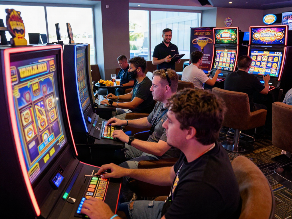 Exciting slot gaming scene with players enjoying modern machines in a vibrant casino atmosphere