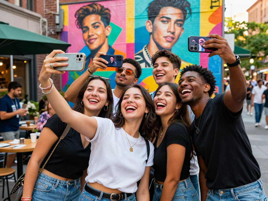 Group of friends using look like celebrities app outdoors, joyful and trendy setting.