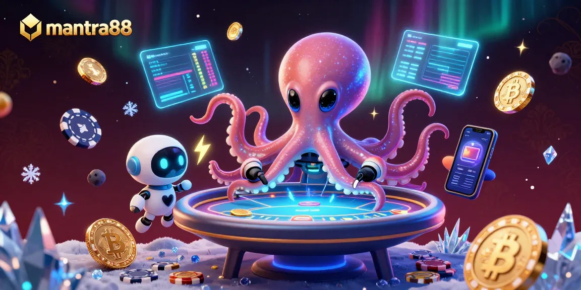 Experience thrilling gaming at mantra88 with a holographic poker table, outer space ambiance, and vibrant cryptocurrency elements.
