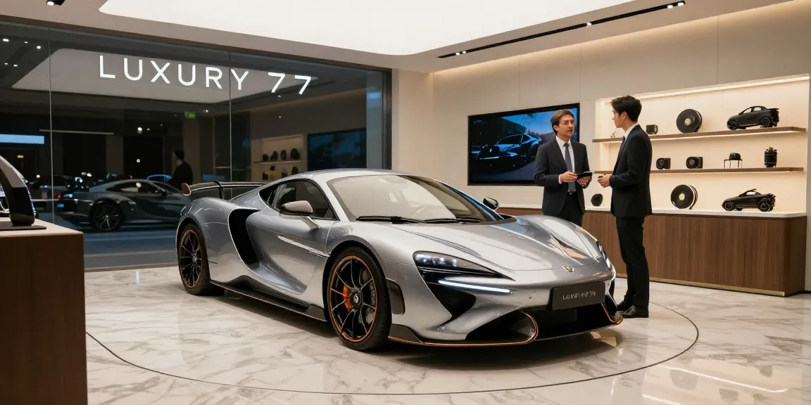 Mobil mewah LUXURY 777 di showroom modern dengan pencahayaan ambient, mengilapkan desain dan finishing, dikelilingi konsultan penjualan dan aksesori premium.