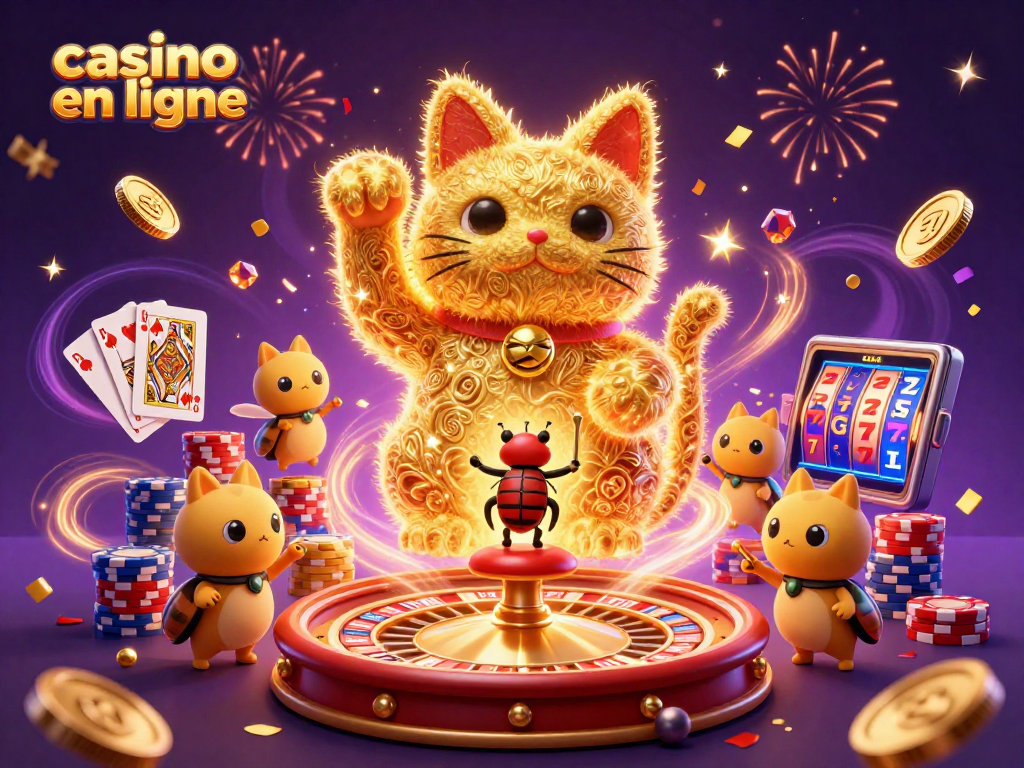 Casino en ligne : des feux d'artifice et des symboles de réussite en cascade volent autour d'un chat porte-bonheur.