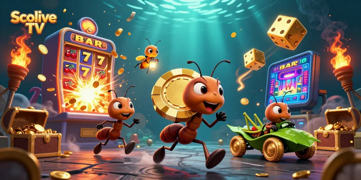 Socolive TV showcases a heist scene with ants carrying a golden poker chip in a dynamic casino environment.