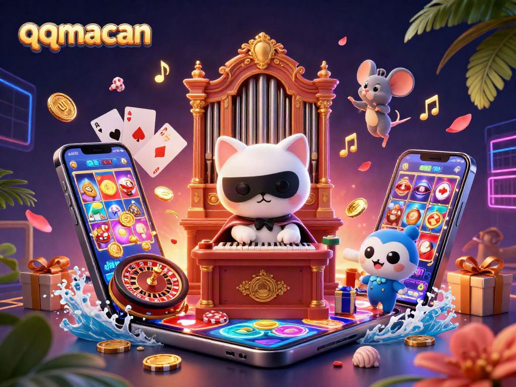 Engage in exciting gaming experiences at qqmacan with vivid illustrations of slots, acrobats, and casino action.