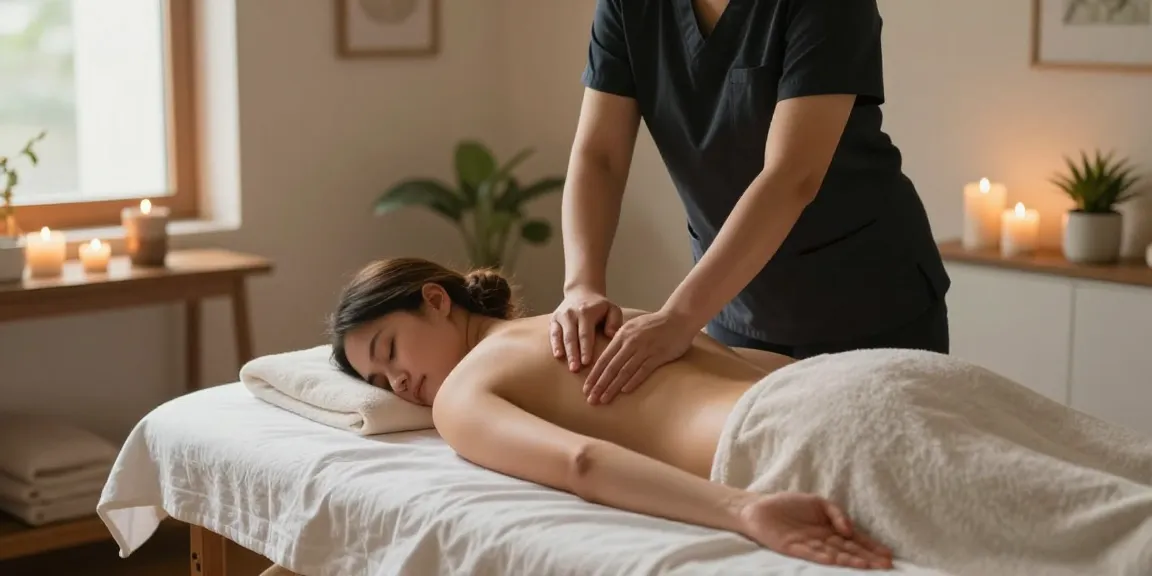 부천출장안마 relaxing massage session in a cozy home environment with soft lighting.