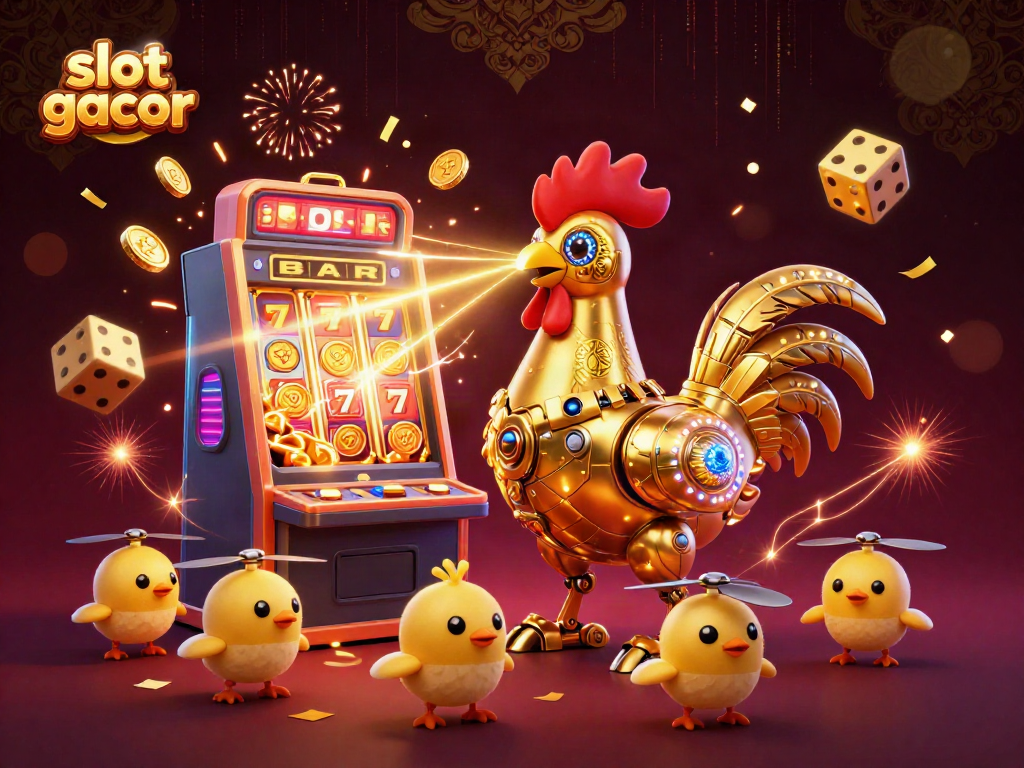 Experience the thrill of slot gacor with a golden rooster robot and baby chick drones in a vibrant jackpot scene.