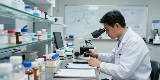 Scientist studying Swiss Chems peptides in a modern lab environment.