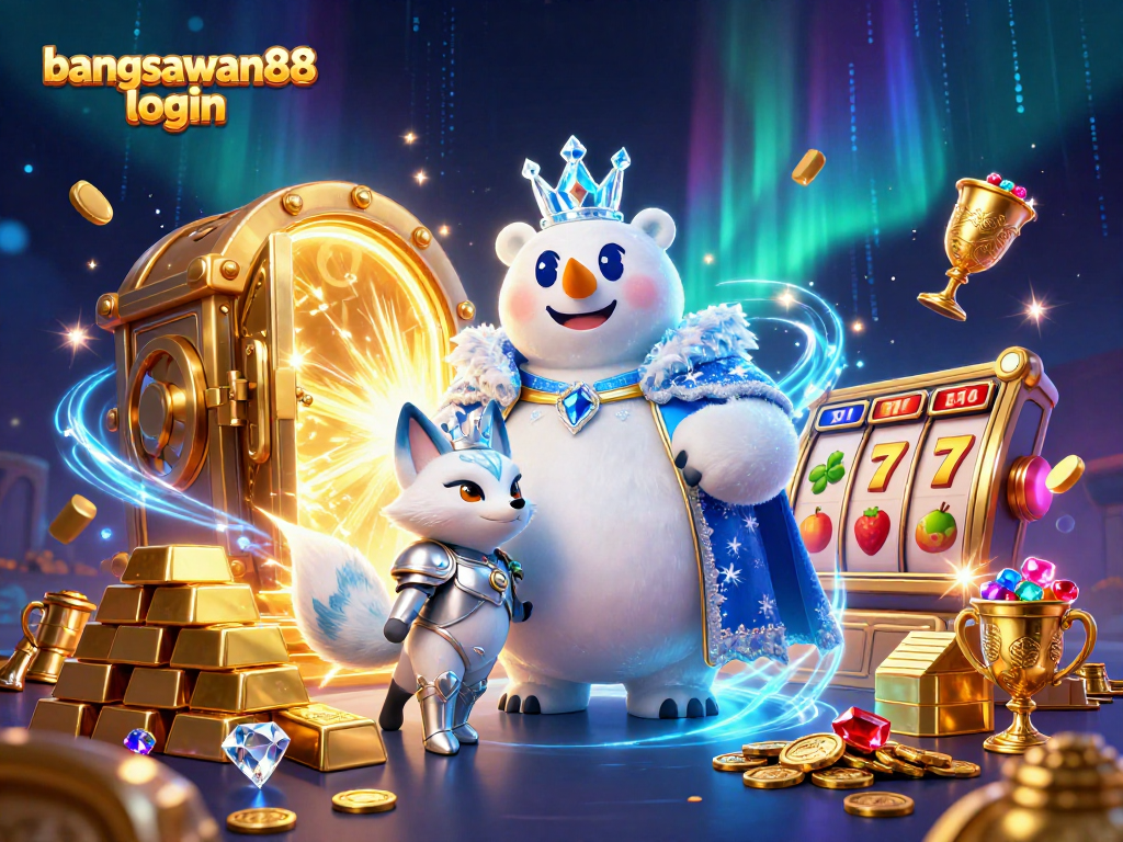 Bangsawan88 login banner showcasing a dynamic scene with a polar bear and snow fox amid slot elements and treasure
