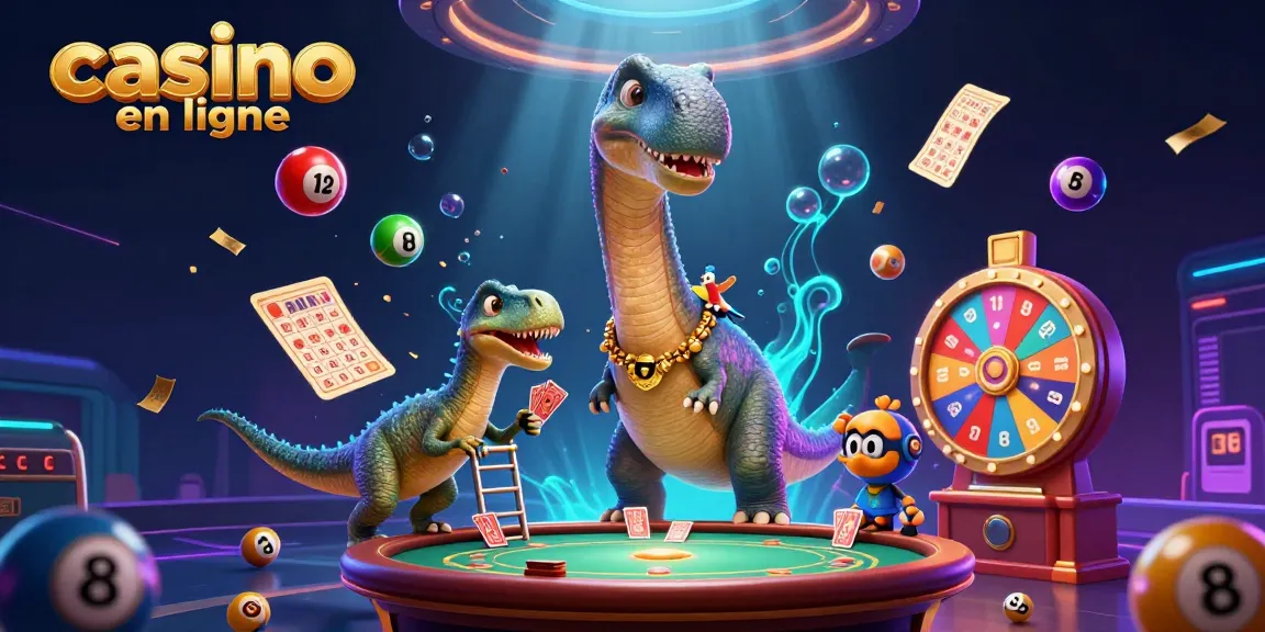 Une scène dynamique de casino en ligne avec un brontosaurus jouant aux cartes, un raptor et des bulles colorées.