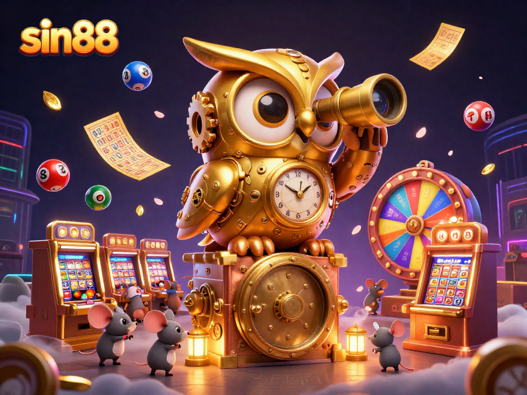 Experience exciting gameplay at sin88 with a dynamic illustration showcasing a golden owl and lottery elements in a vibrant casino.