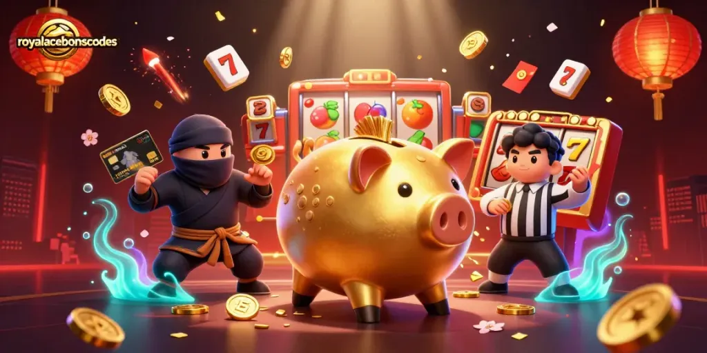 Experience winning with royalacebonuscodes in an energetic casino scene full of slots and vibrant elements.