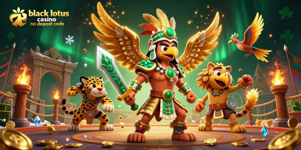 Win with black lotus casino no deposit code in a vibrant 3D casino adventure illustration.