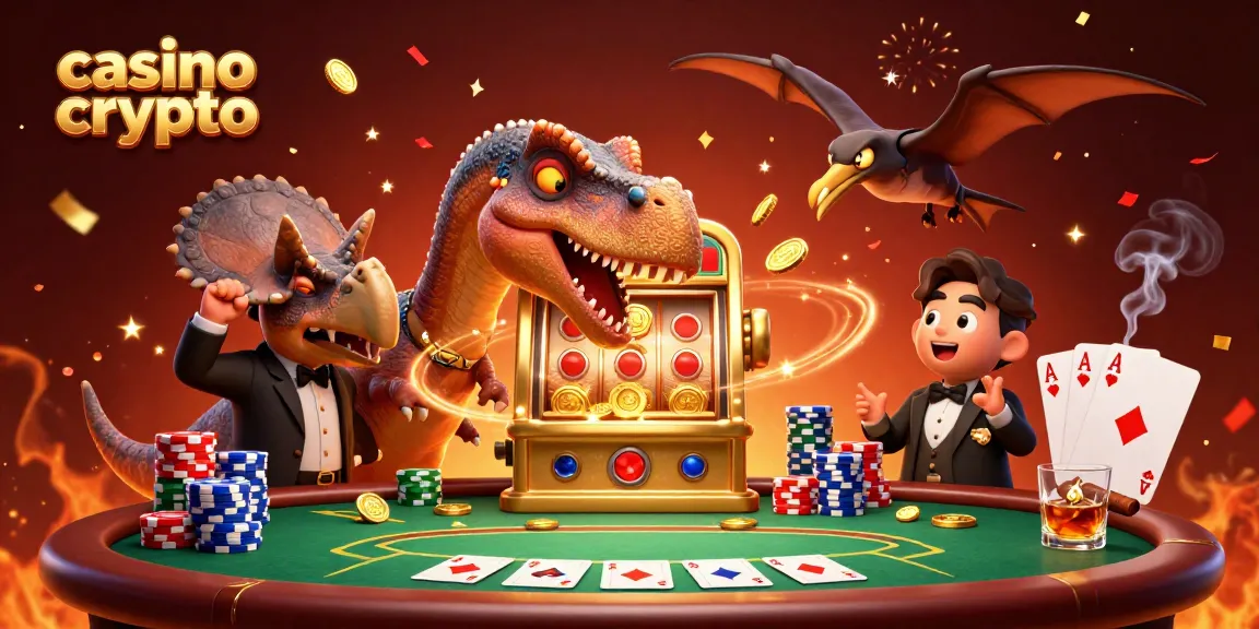 Giocatori al casinò crypto, un pachycephalosaurus e un ankylosaurus, festeggiano vincite con monete dorate.