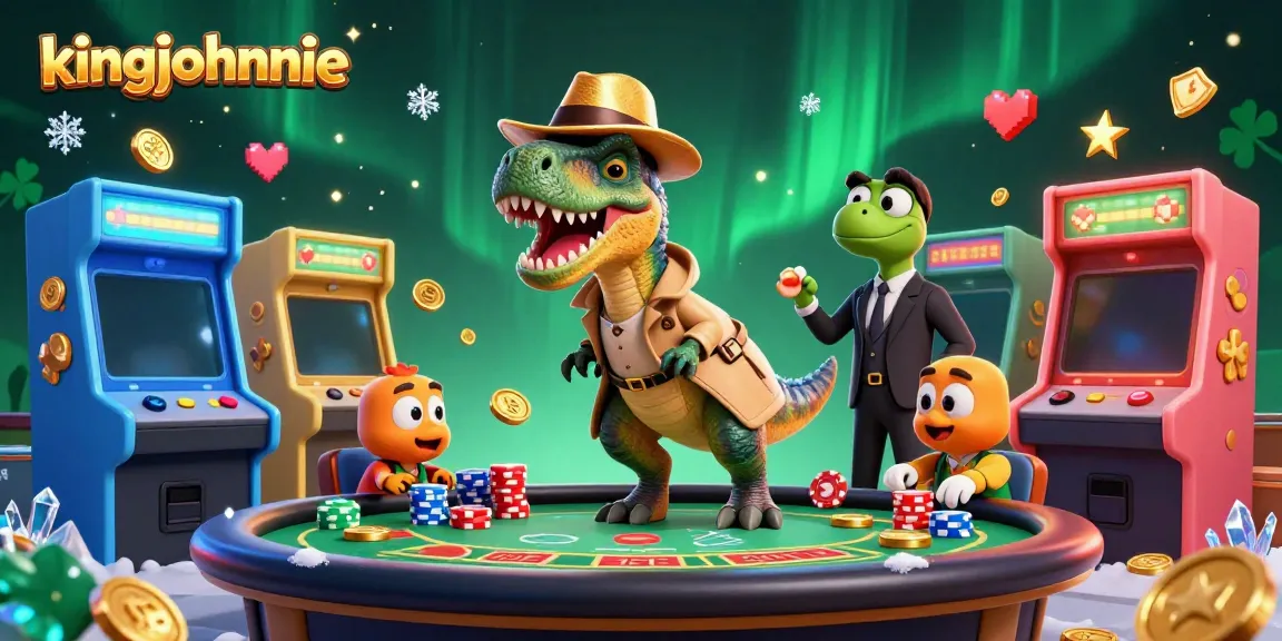 Engage with kingjohnnie at a lively blackjack table featuring animated dinosaur characters and vibrant gaming elements.