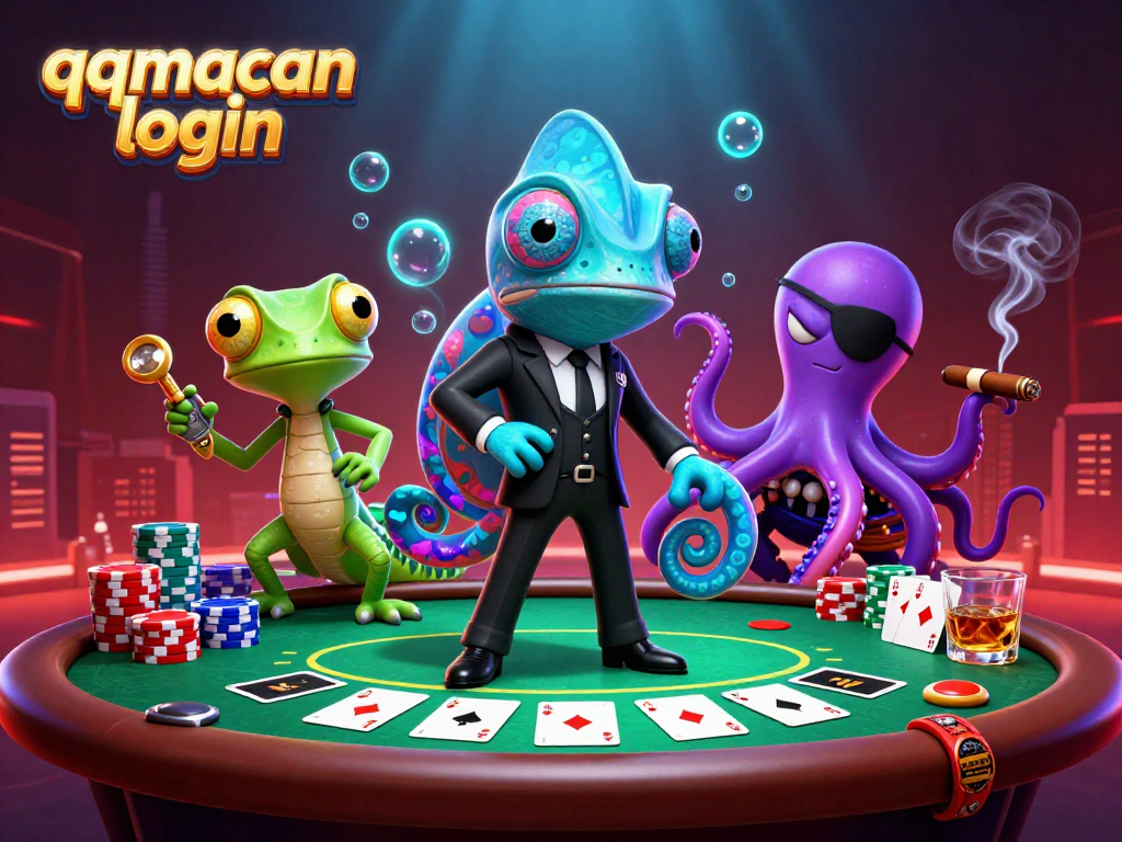 Engage in thrilling poker action with qqmacan login, featuring a vibrant, dynamic casino battle scene.