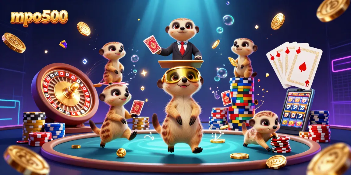 Experience thrilling gameplay at mpo500 with meerkats managing a vibrant casino scene, showcasing excitement.
