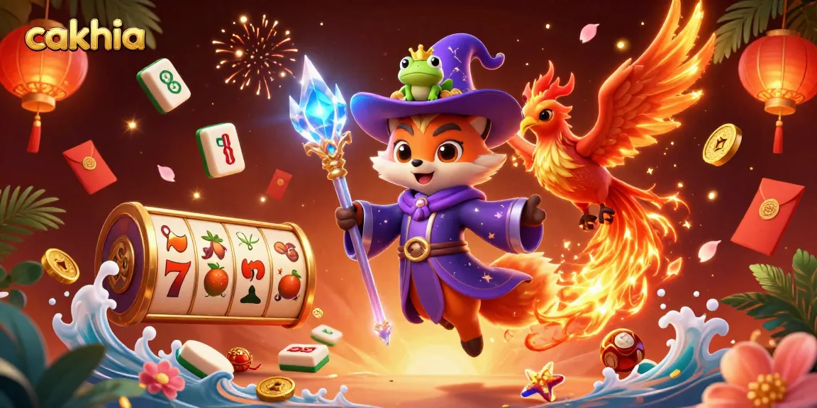 Engage with cakhia's vibrant gaming landscape featuring a wizard fox, phoenix, and enchanted frog amidst dynamic gambling elements.