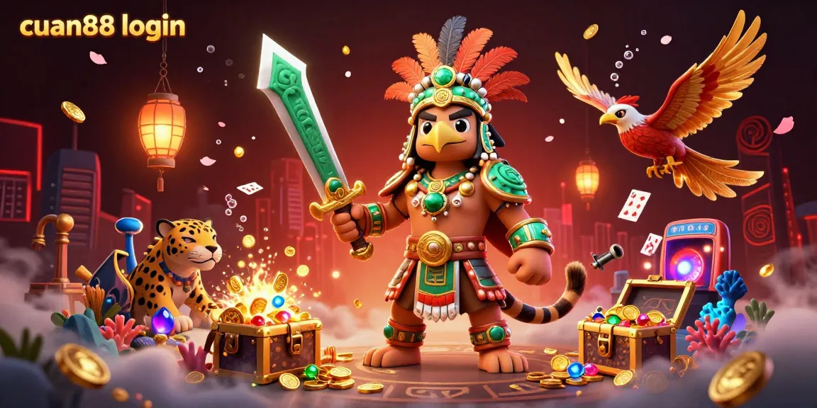 Engage with cuan88 login through a vibrant casino scene showcasing Aztec warriors and casino game elements.