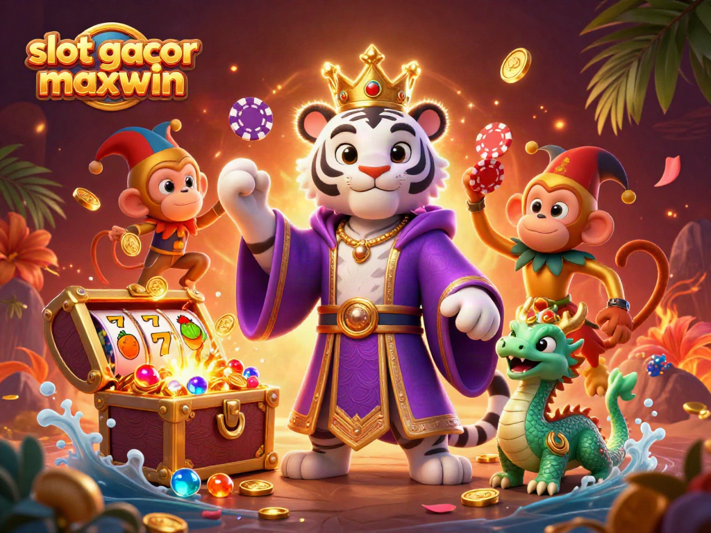 Spin to win with slot gacor maxwin, featuring vibrant characters and rich casino elements in lively 3D.